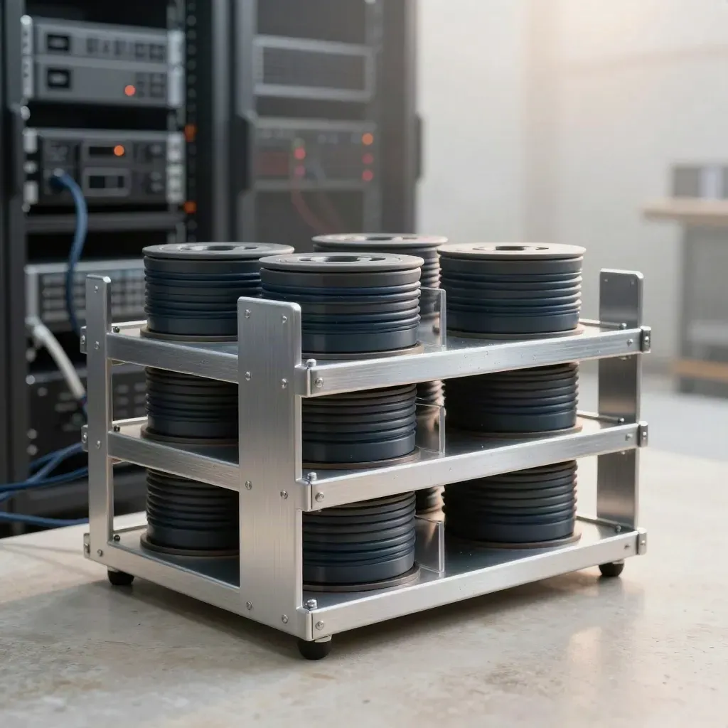 Brushed-aluminium datatray met kabelspoelen en serverrails op licht steen, zacht ochtendlicht.