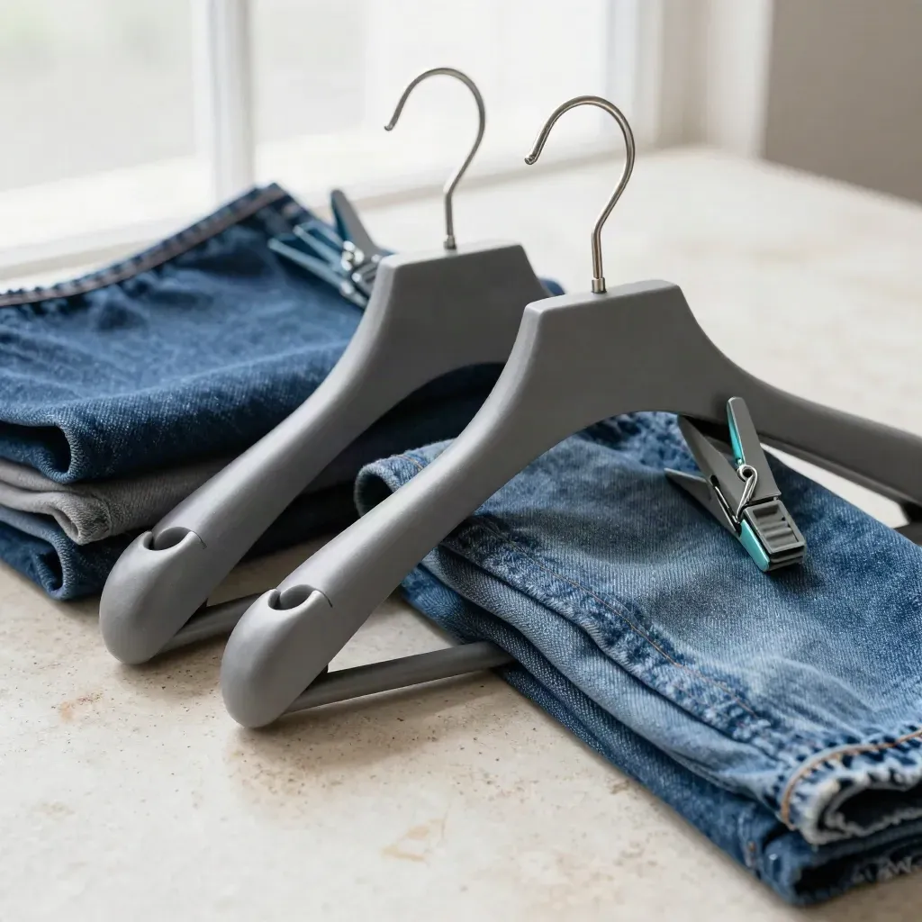 Close-up van stalen kledinghangers, denimstalen en fabric clips op lichtgrijze steen.