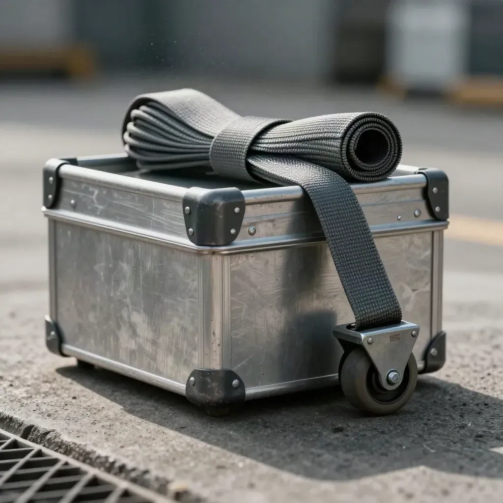 Aluminium transportkrat met spanband, seal en wielbeslag op beton, met zachte schaduwen.