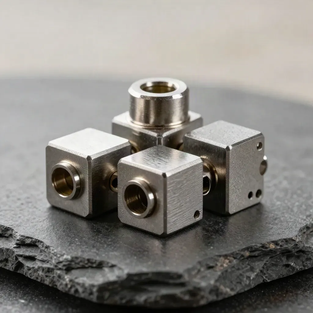 Drie metalen connectorblokken op steen, één scheef uitgelijnd, van boven in macro.