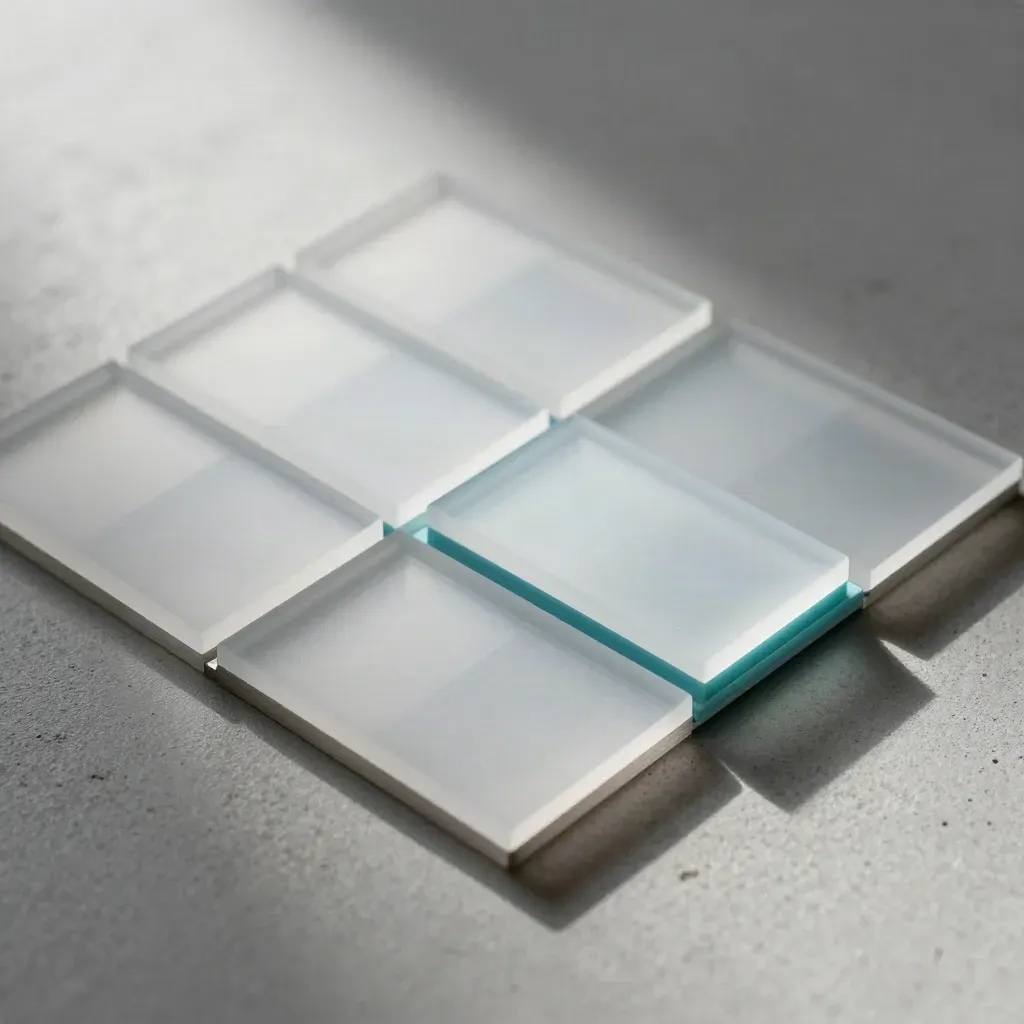 Acrylaat tegels en aluminium uitlijnhoeken op licht beton, strak van boven gefotografeerd.