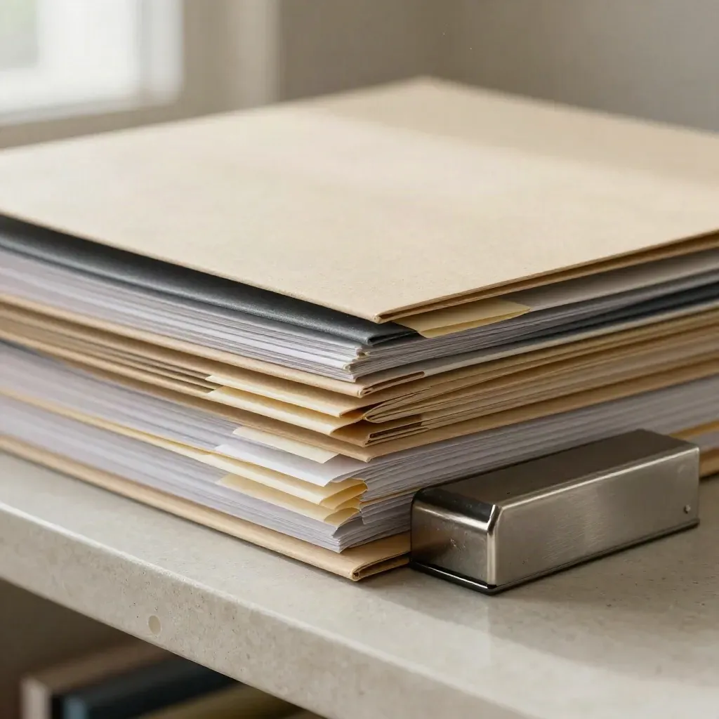Stapel gesloten rapportmappen met paperweight en tabbladen op een stenen oppervlak