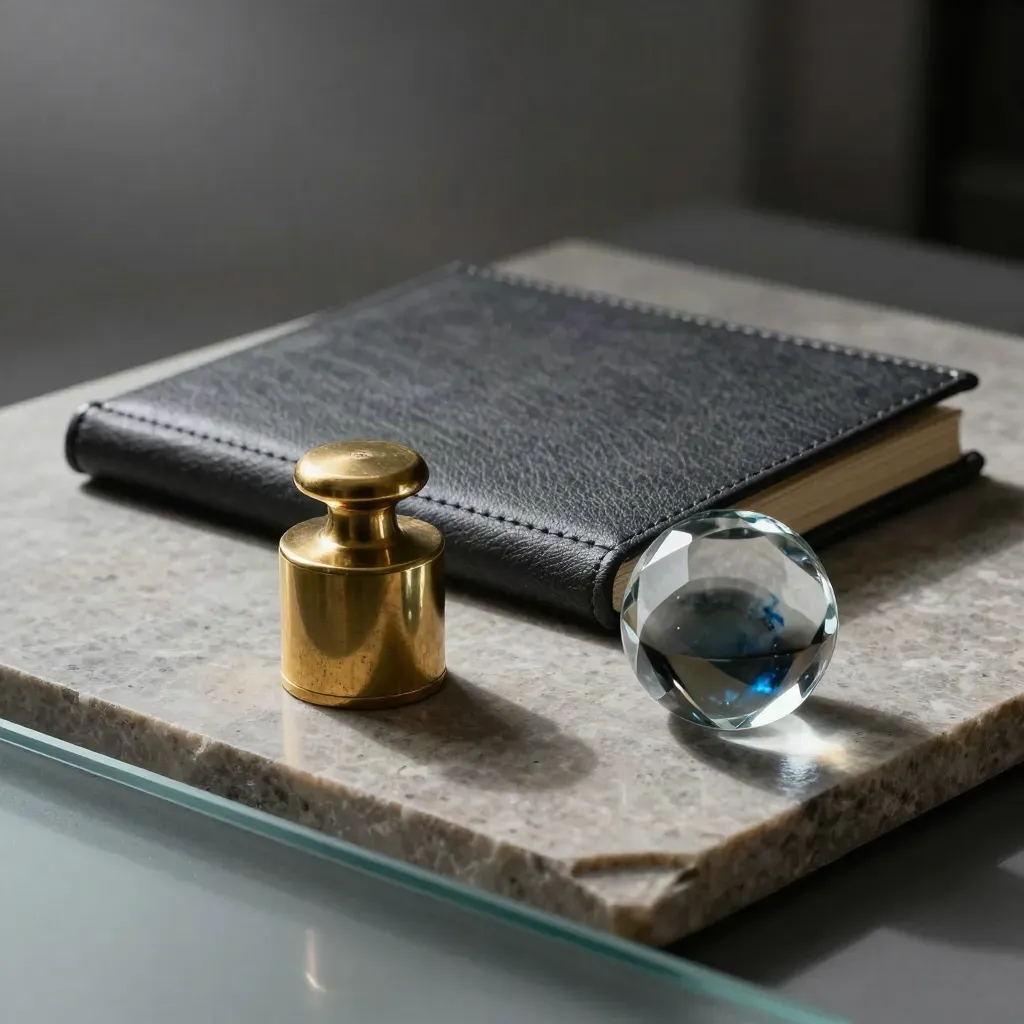 Brass gewicht, gesloten map en glasgewicht op kalksteen, gezien door mat glas.