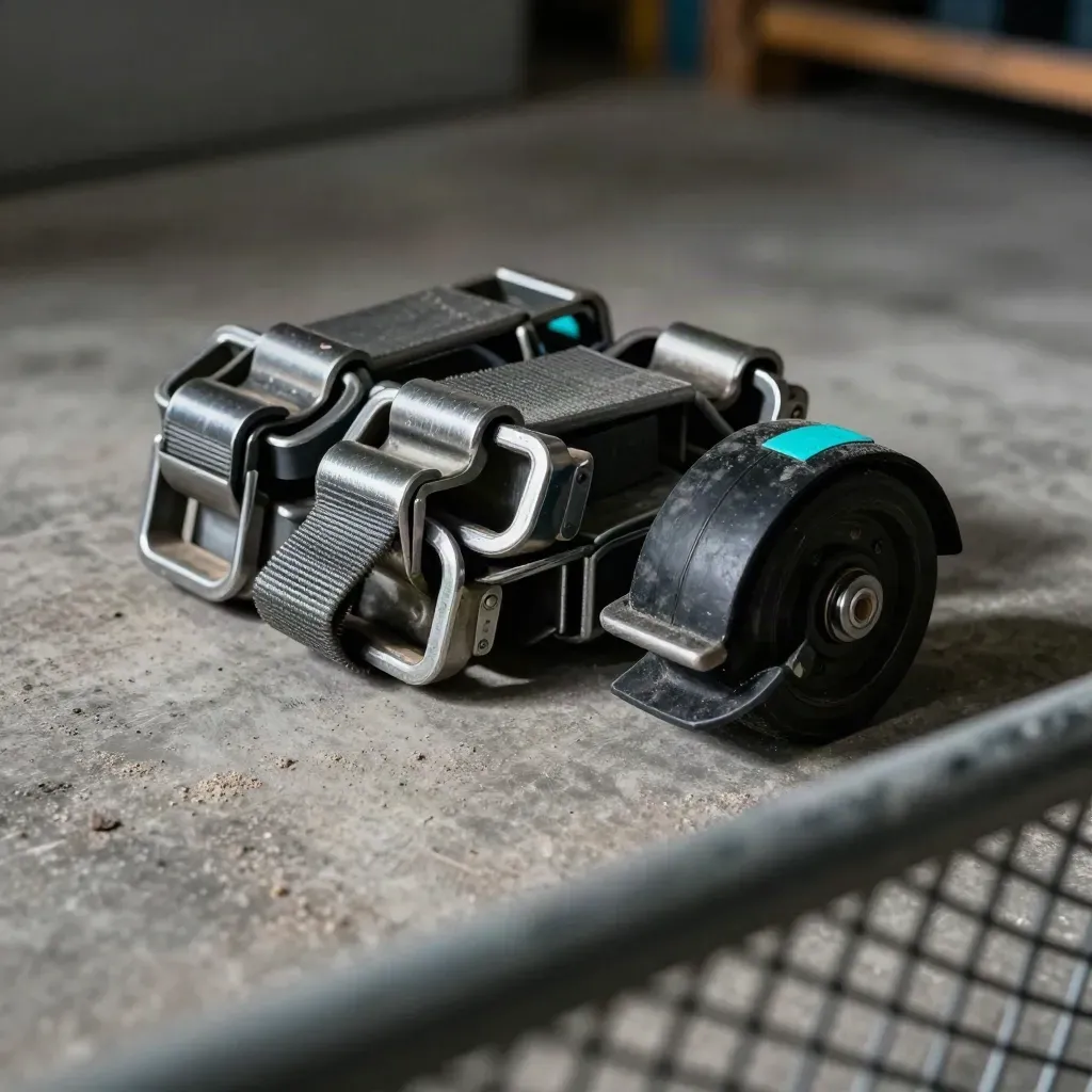 Strapgespen en een wielblokkering op een stoffige betonnen vloer achter metalen gaas.