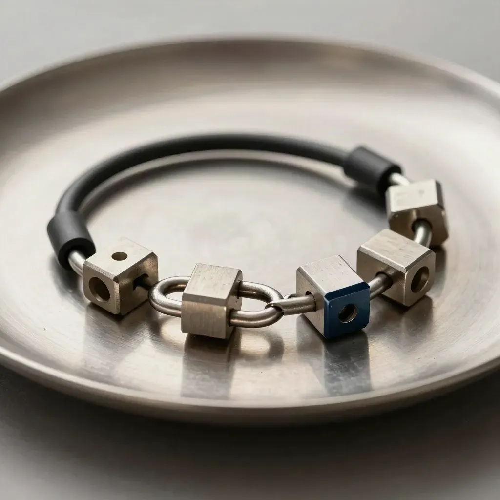 Stalen ringen, kabel en koppelblokken op geborsteld aluminium met subtiele navy accenten.