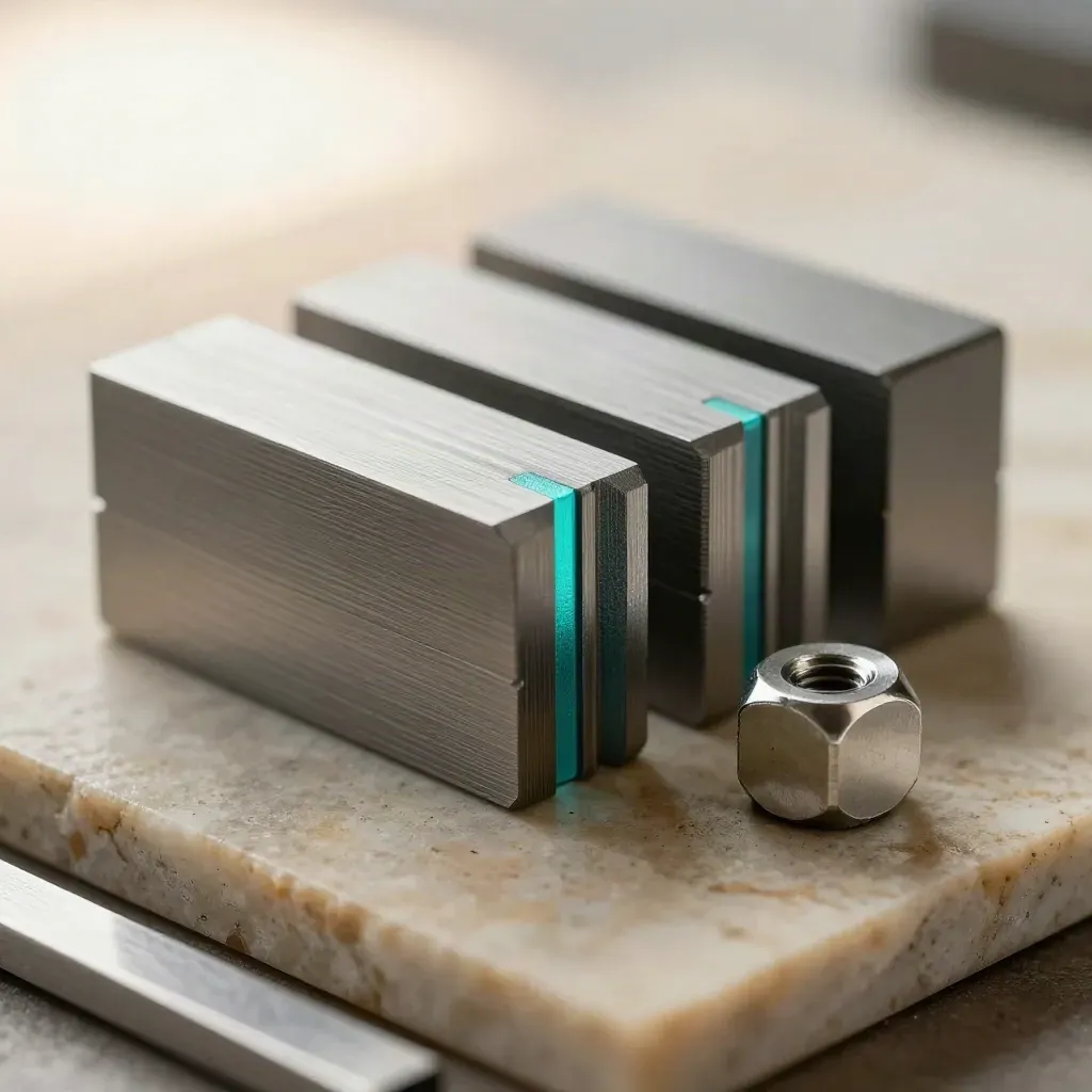 Macrofoto van dovetail-blokken, bouten en spacer op warme kalksteen met teal accent