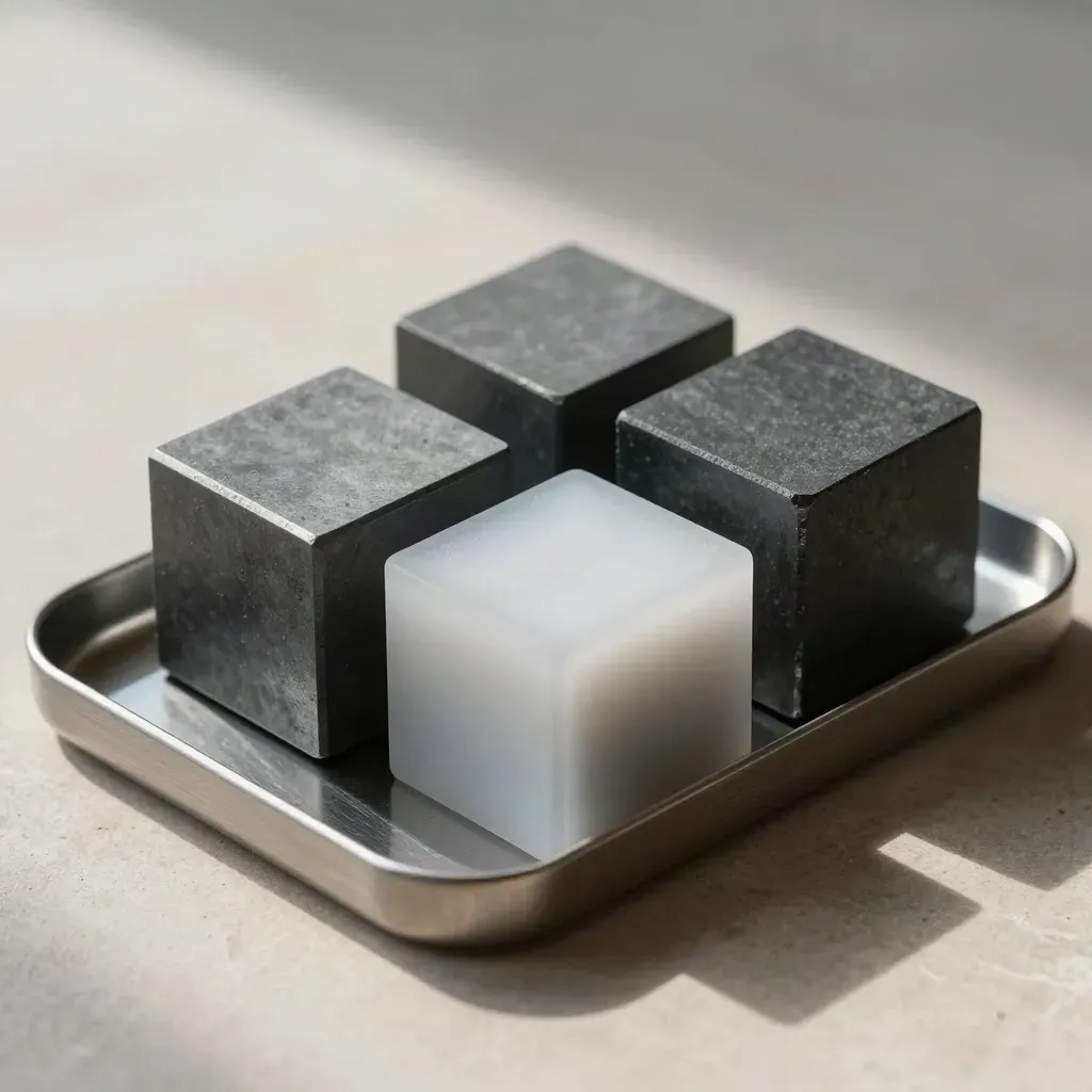 Grafietkleurige kubussen en frosted spacers in een metalen tray op lichte steen.
